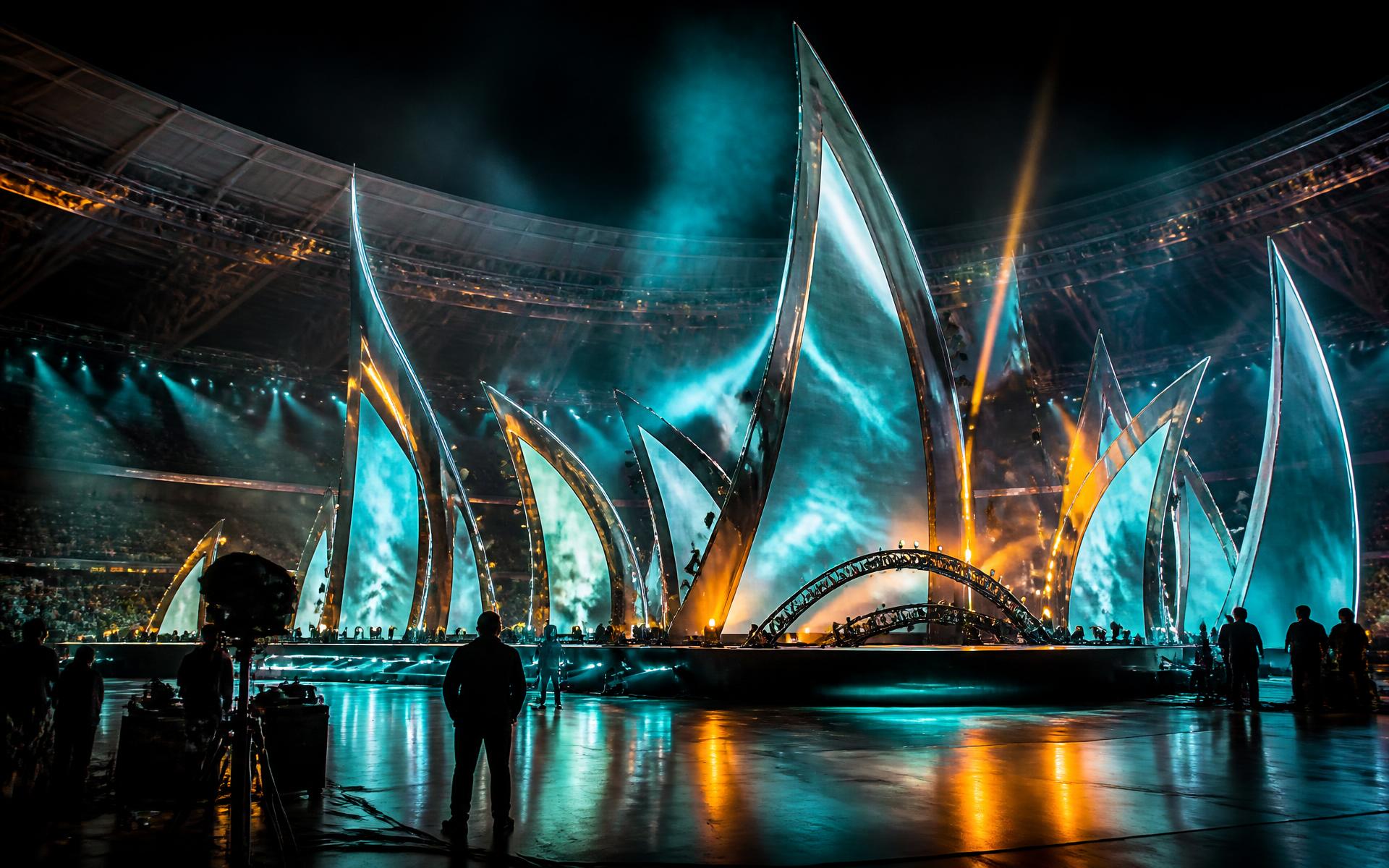 Large illuminated stage setup inside a stadium at night