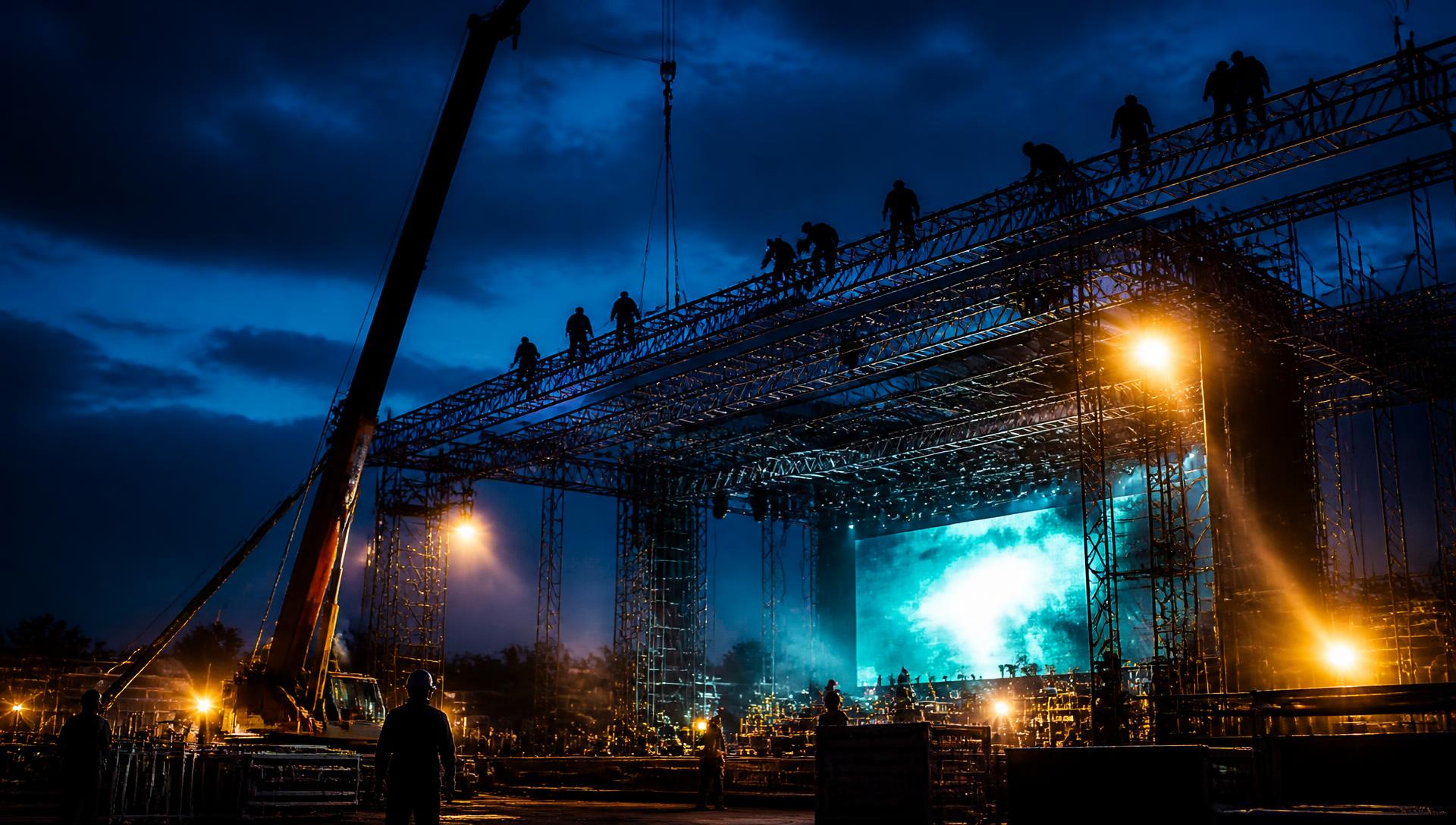 Crew assembling a championship stage at blue hour